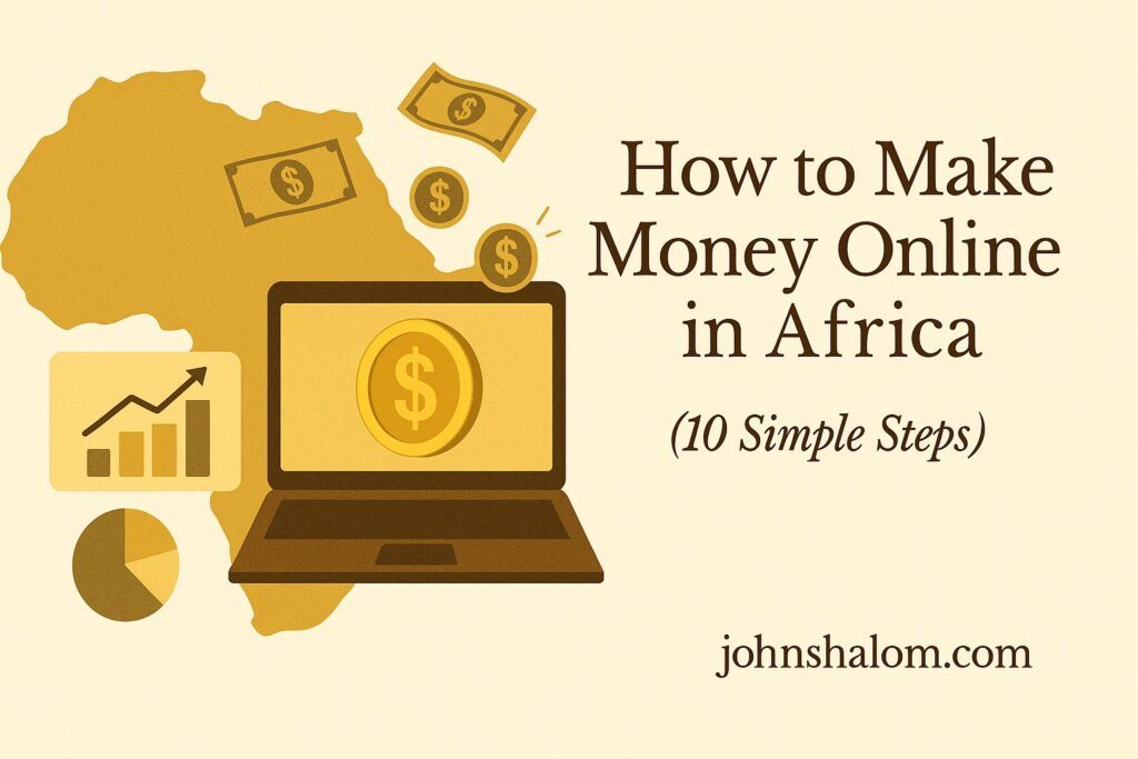 An image showing an African freelancer working on a laptop with digital icons representing money, Wi-Fi, and global connections.