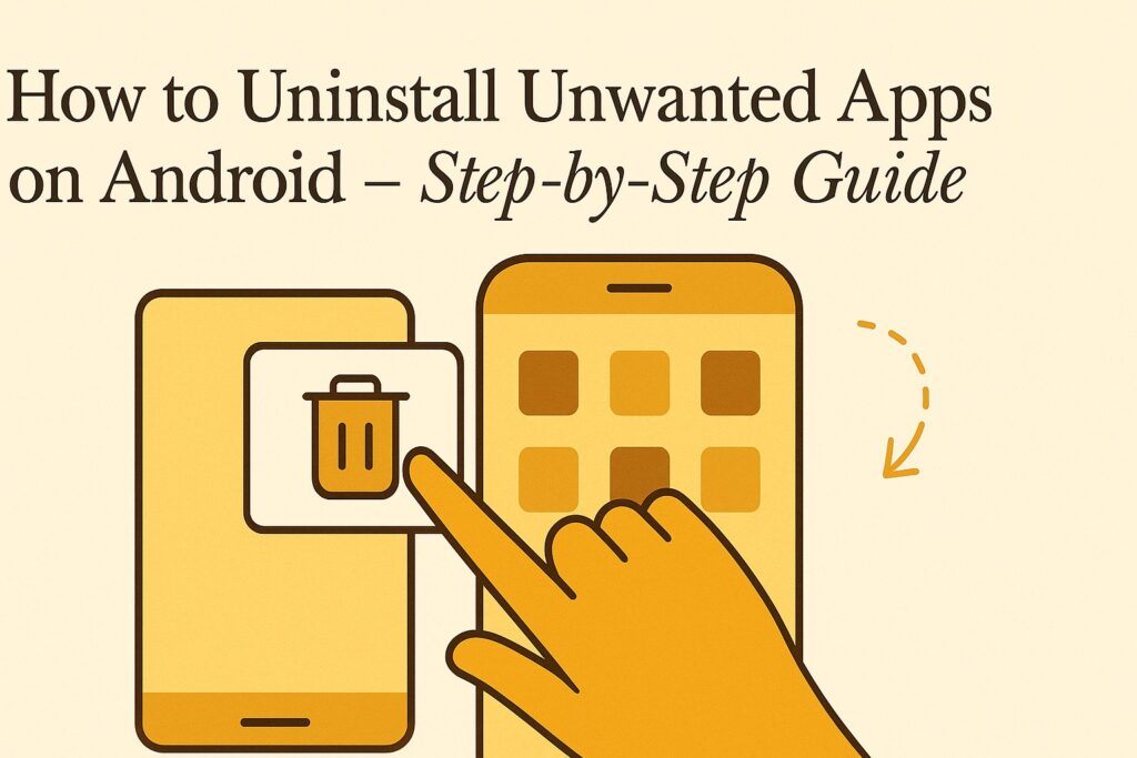 An image showing a hand holding an Android phone with app icons and a delete symbol, representing the process of uninstalling unwanted apps.