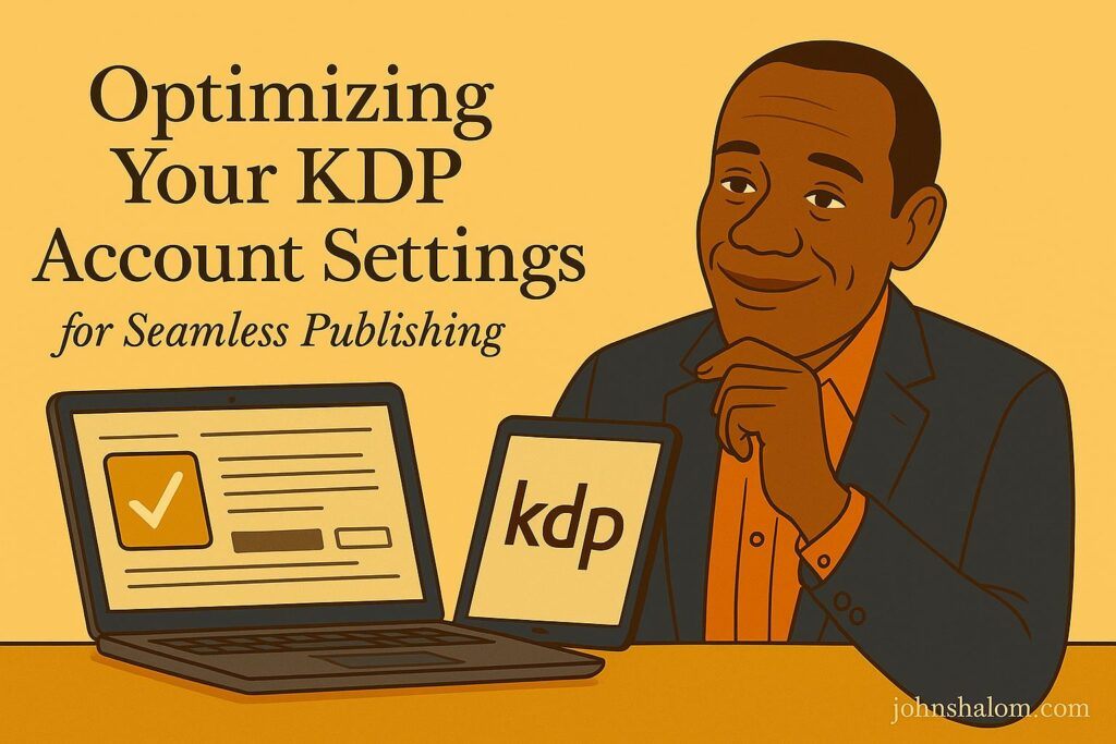An image showing an author adjusting settings on a laptop screen with the Kindle Direct Publishing logo, symbolizing smooth and efficient book publishing.
