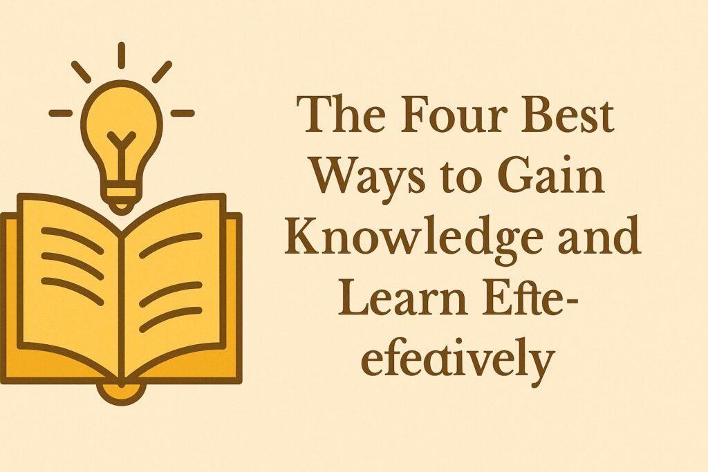 An image showing a person reading, watching a tutorial, taking notes, and discussing ideas, symbolizing different ways of gaining knowledge effectively.