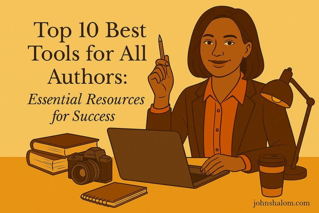 An image showing a laptop, open notebook, and digital icons representing editing, design, and marketing tools for authors.