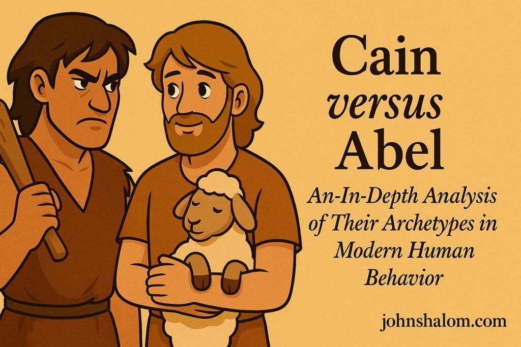 An image showing two figures standing apart in a barren field, one holding a tool and the other kneeling beside an altar, symbolizing the story of Cain and Abel.