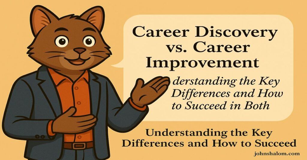 An image showing a person standing at a crossroads, one path labeled career discovery and the other career improvement, symbolizing choice and growth.