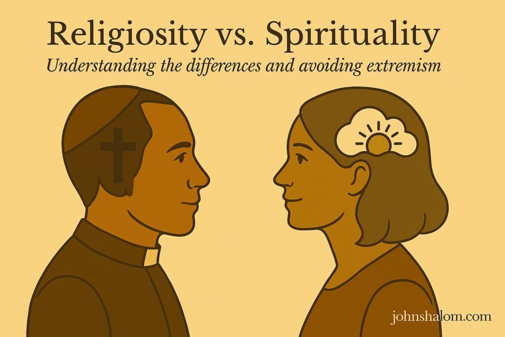 An image showing two paths — one leading to a church building and the other to a glowing sunrise — symbolizing the difference between religiosity and spirituality.