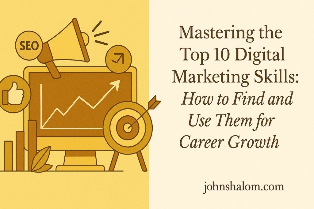 An image showing a marketer analyzing data on a laptop with digital icons representing SEO, social media, and analytics tools.