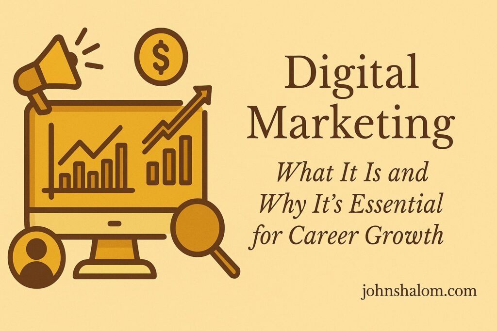 An image showing a marketer working on a laptop surrounded by digital icons representing social media, SEO, and analytics.