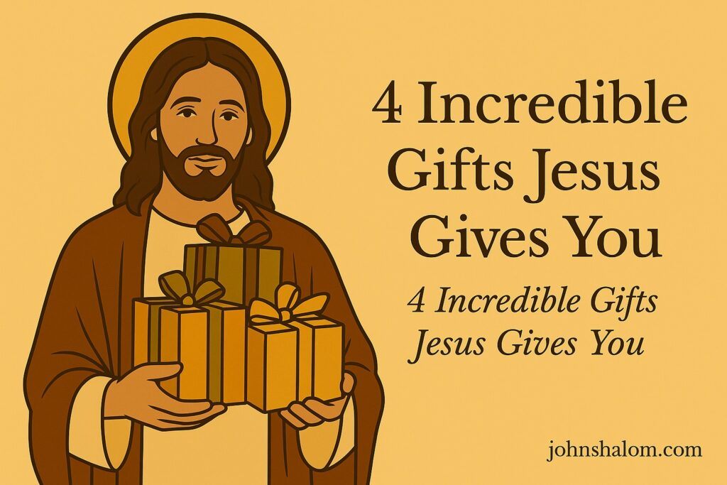 A glowing cross against a sunrise sky, symbolizing hope, grace, and the gifts of Jesus.