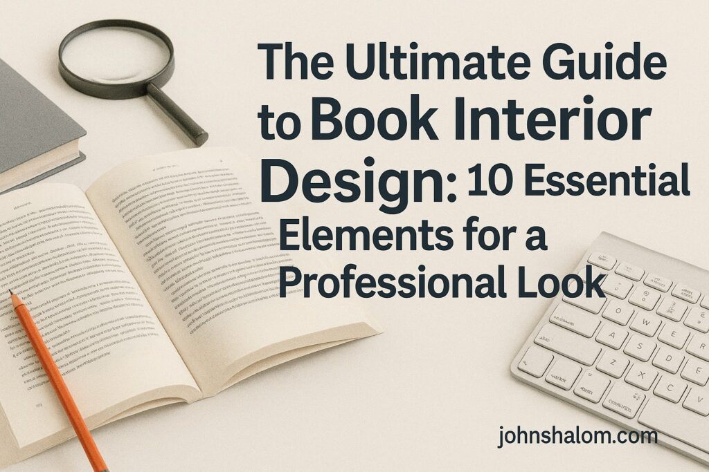 A designer arranging book pages on a laptop screen, surrounded by typography samples and layout sketches.