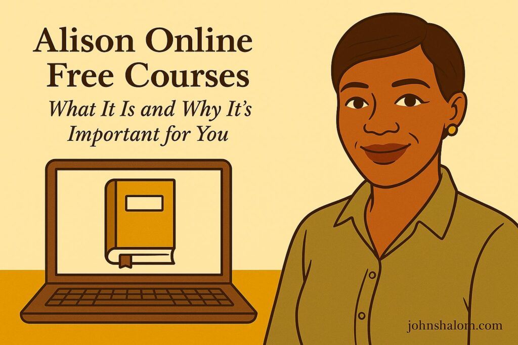 A student studying online with a laptop and notepad, showing focus and progress through Alison’s free courses.