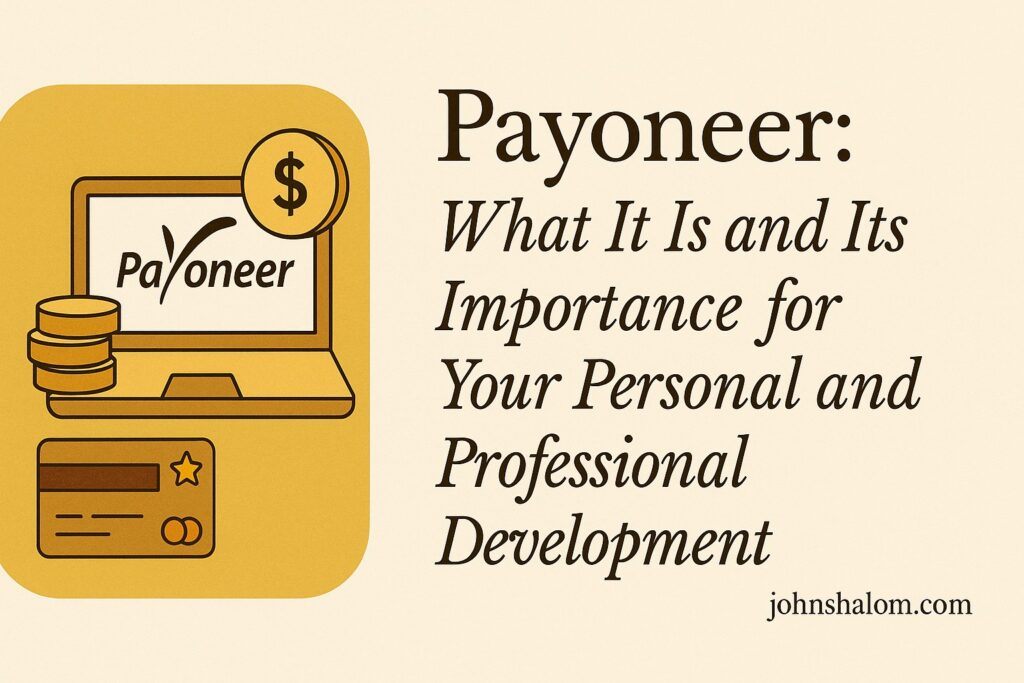 A writer holding a credit card beside a laptop displaying the Payoneer dashboard, symbolizing global payment access for authors.
