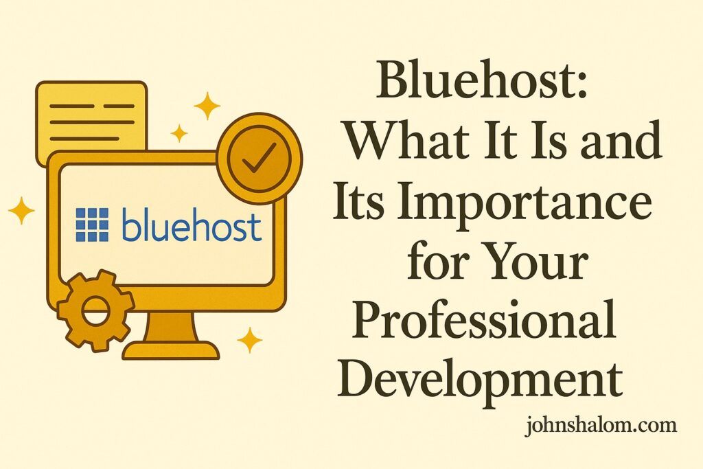 A person setting up a website on a laptop with the Bluehost logo visible, symbolizing web hosting and online growth.