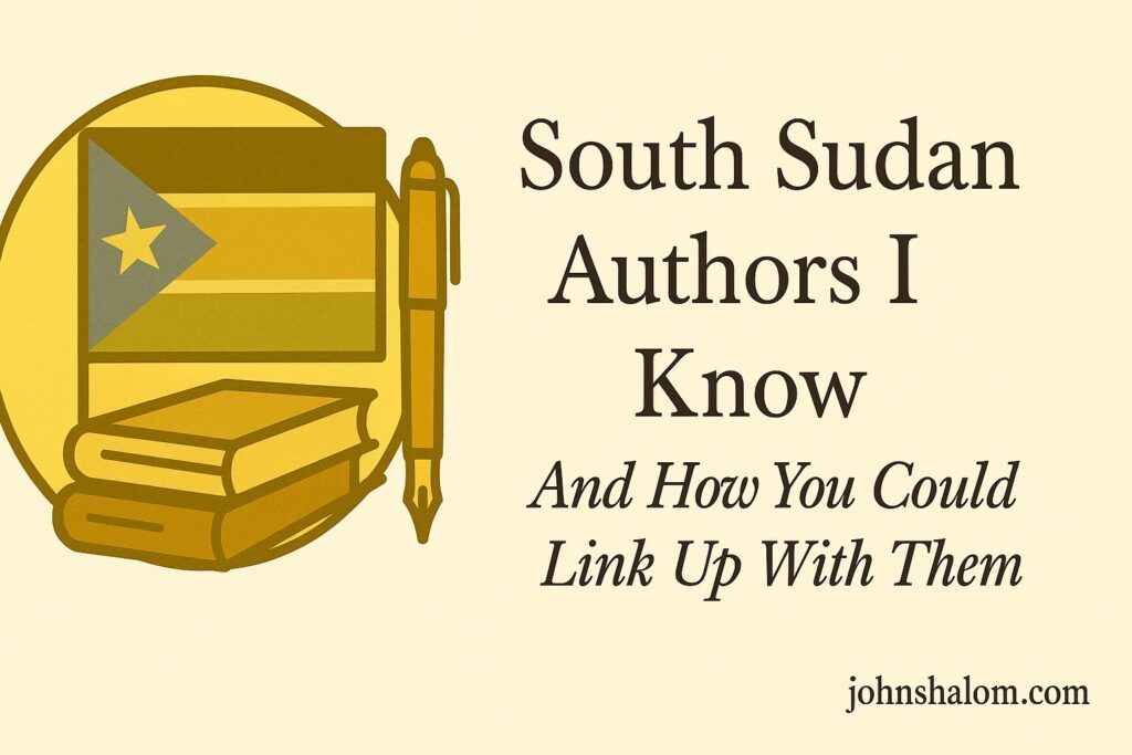 A group of South Sudanese authors gathered around books, symbolizing storytelling, culture, and shared wisdom.