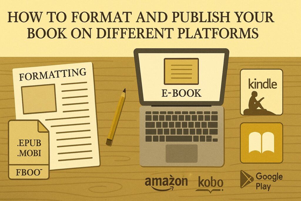 A self-publishing desk with a laptop, formatting templates, digital book files, and platform logos, symbolizing the process of formatting and publishing a book across multiple platforms. The scene reflects structure, technical prep, and organized workflow.