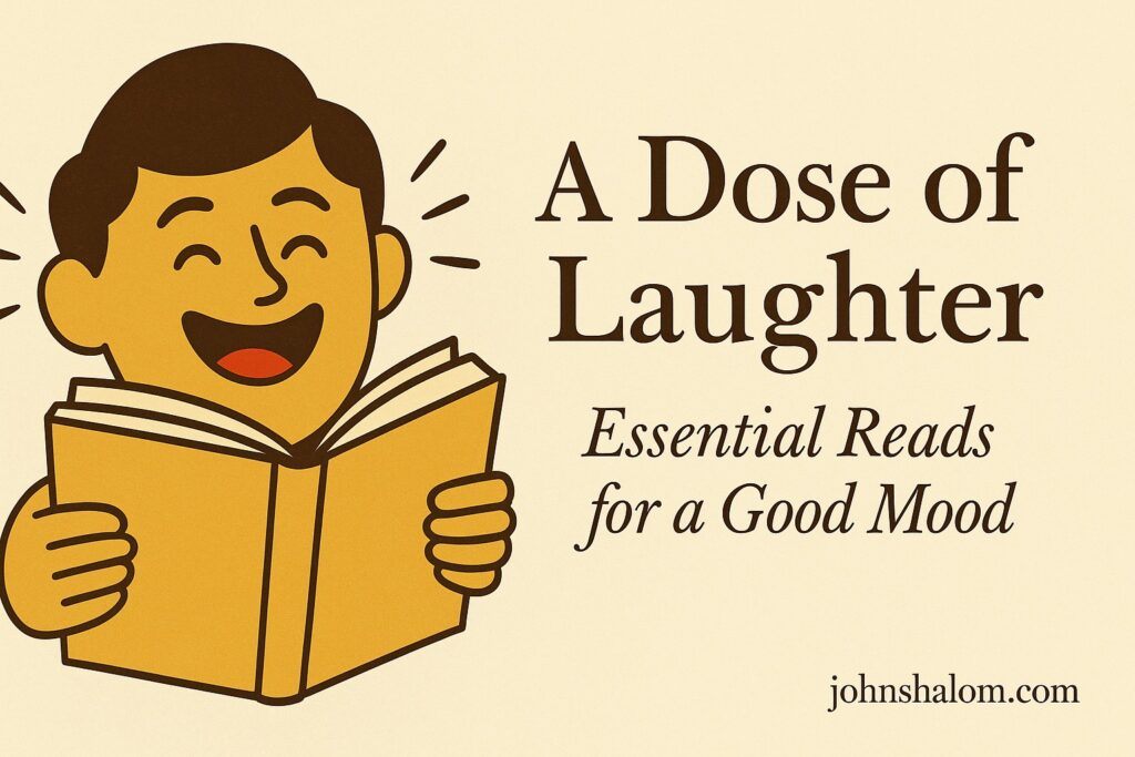 A person laughing while reading a book in a cozy corner, symbolizing joy, relaxation, and positive energy.