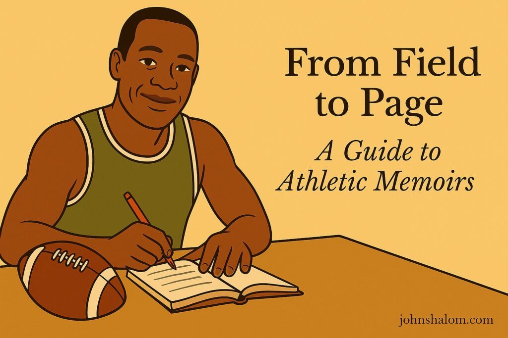 An athlete writing in a journal beside running shoes and medals, symbolizing reflection, discipline, and storytelling.