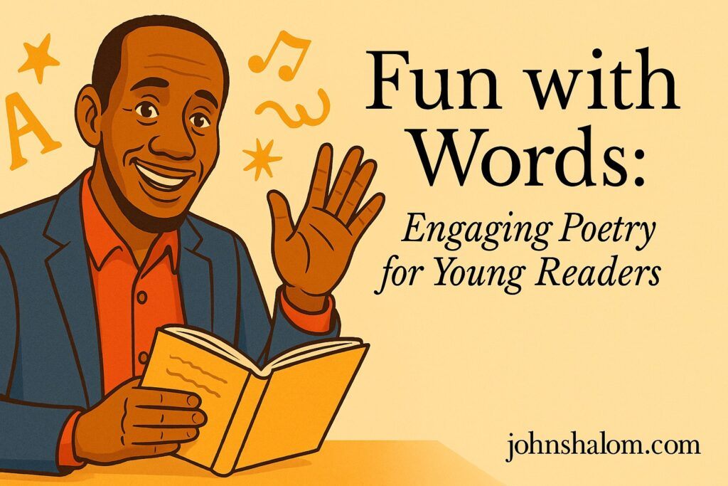 A child laughing while reading a colorful poetry book, surrounded by playful letters and illustrations.