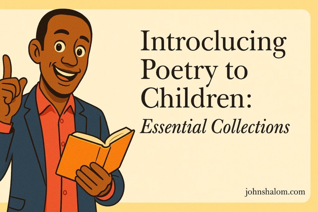 A teacher reading a poetry book to children sitting in a circle, symbolizing joy, learning, and imagination.