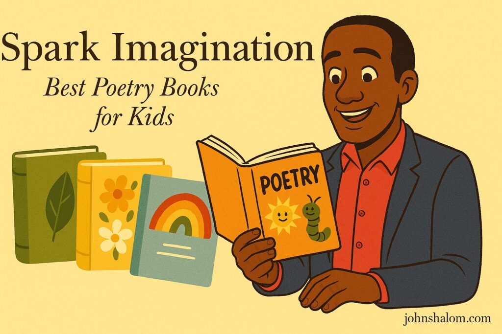 A smiling child reading a colorful poetry book surrounded by doodles and stars, symbolizing imagination and joy.