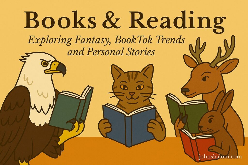 A reader surrounded by colorful fantasy books and a smartphone showing BookTok clips, symbolizing modern reading culture.