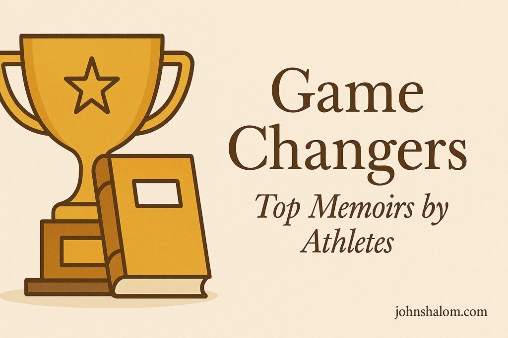 A row of sports trophies beside an open book, symbolizing victory, reflection, and personal growth.