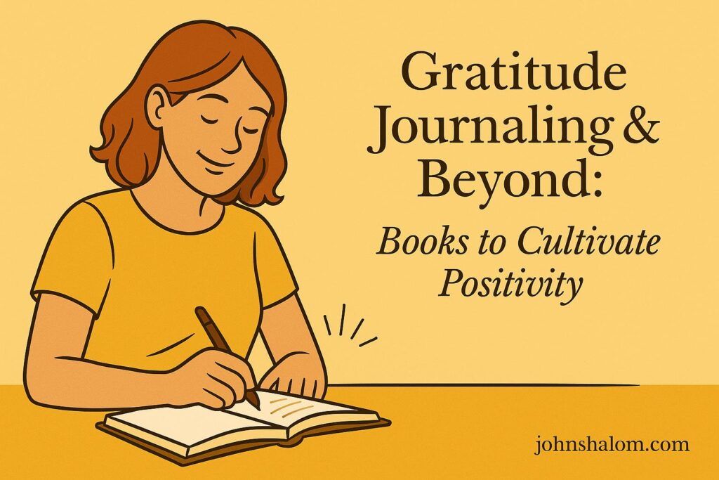 An open gratitude journal with handwritten notes and a pen beside a cup of tea, symbolizing reflection and thankfulness.