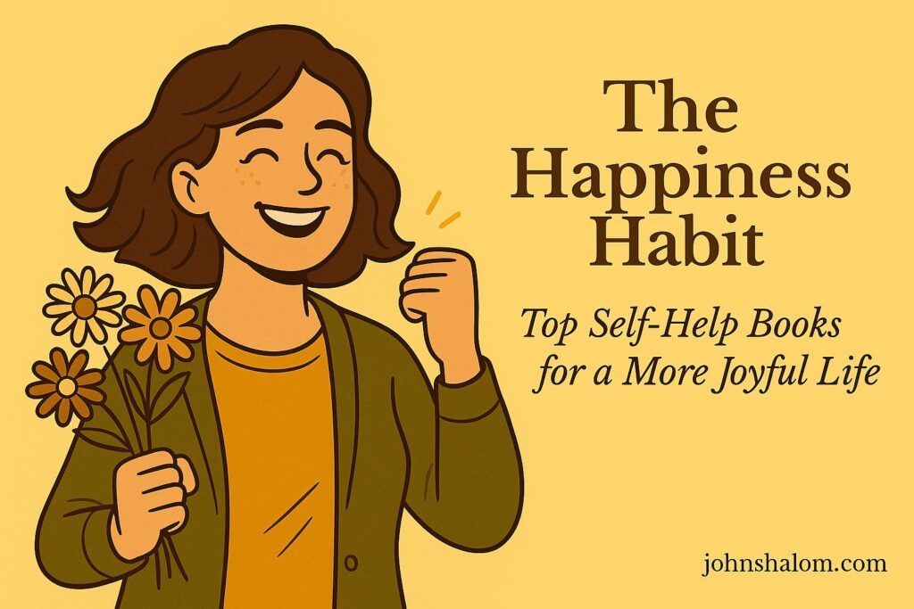 A smiling person holding a bright yellow book in sunlight, symbolizing positivity, gratitude, and joy.