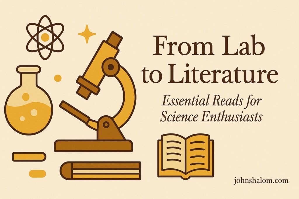 A scientist reading a book beside lab equipment, symbolizing curiosity, discovery, and the bridge between science and storytelling.