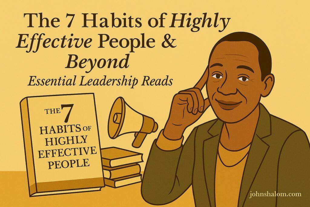 A professional reading The 7 Habits of Highly Effective People at a desk, symbolizing focus, growth, and leadership.
