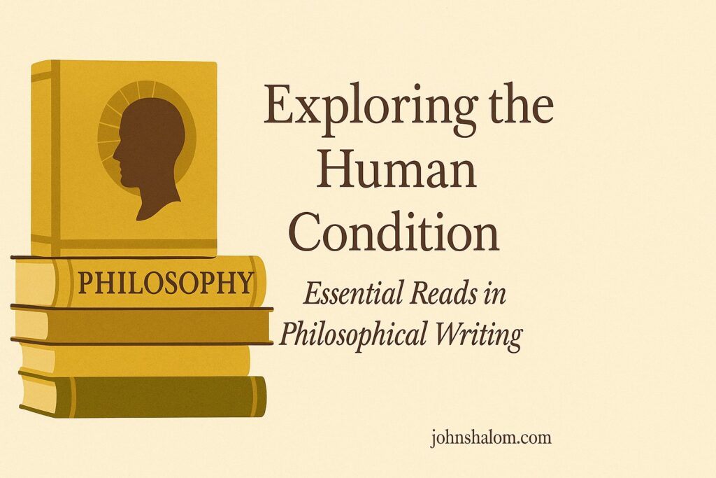 A thoughtful reader sitting beside a stack of philosophy books, symbolizing wisdom, inquiry, and self-reflection.