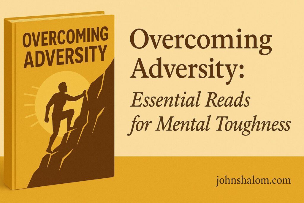 Stack of motivational books on a wooden table symbolizing resilience and mental toughness.