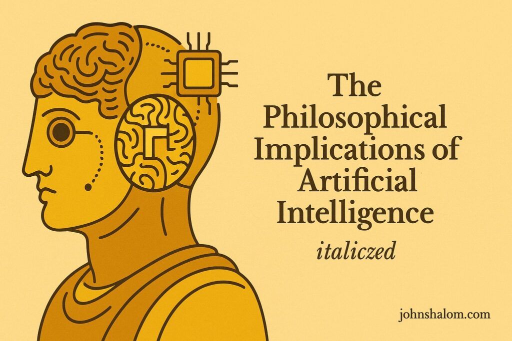 Robot head beside a human face reflecting on each other, symbolizing the intersection of AI and human philosophy.