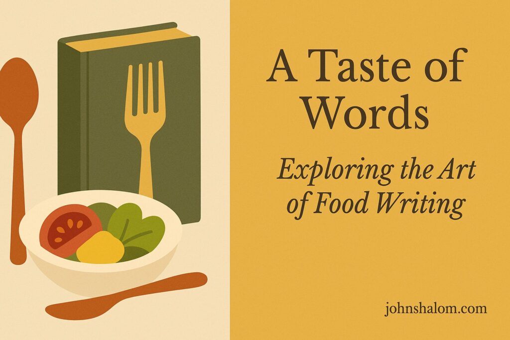 Notebook beside a plate of delicious food and coffee, symbolizing creativity and storytelling through taste.