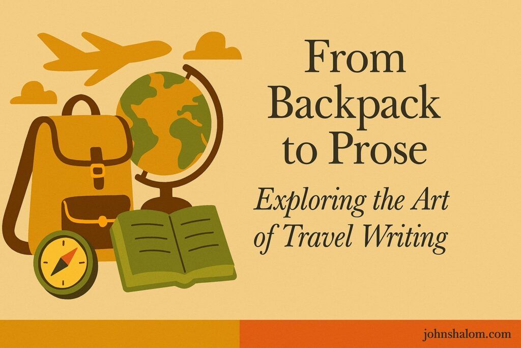 Traveler journaling beside a backpack and camera at sunset, symbolizing adventure and storytelling through travel.