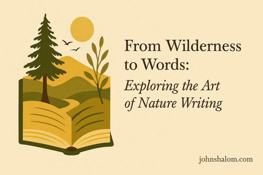 Writer sitting outdoors with a notebook surrounded by trees and sunlight, symbolizing inspiration from nature.