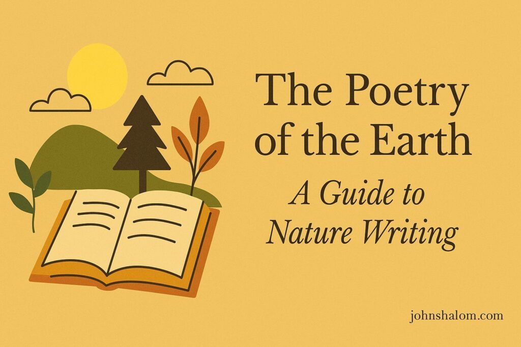 Open notebook on a wooden table surrounded by leaves and sunlight, symbolizing creativity and connection to nature.