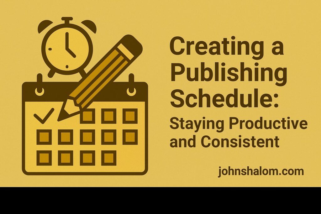 Author planning a publishing calendar with notes, laptop, and coffee, symbolizing organization and consistency.