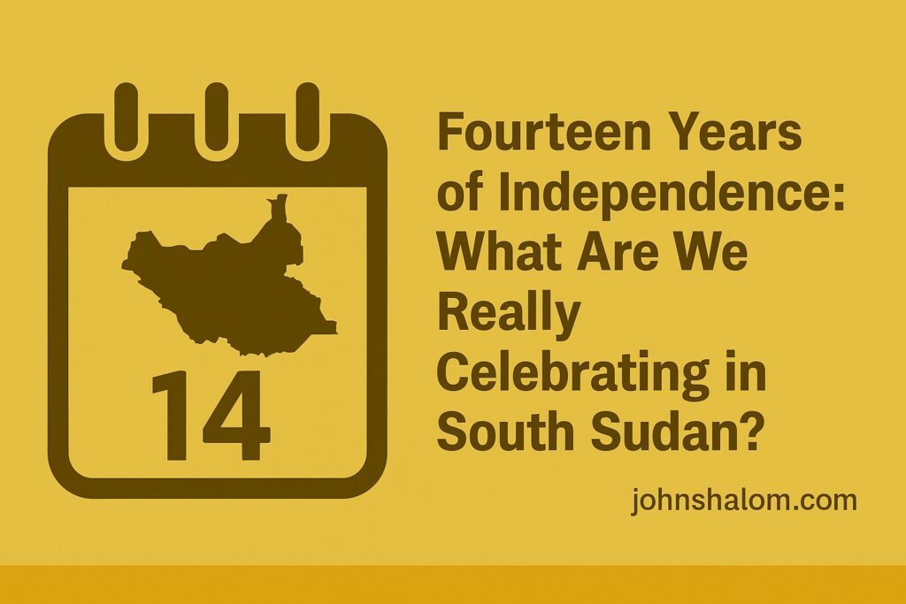 South Sudanese flag waving under a bright sky, symbolizing national pride, reflection, and the journey of independence.