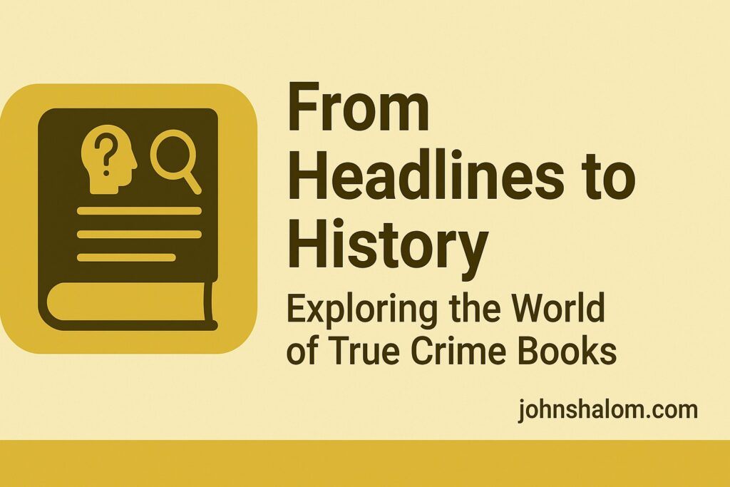 Open crime book beside scattered newspaper clippings and magnifying glass, symbolizing investigation and storytelling.