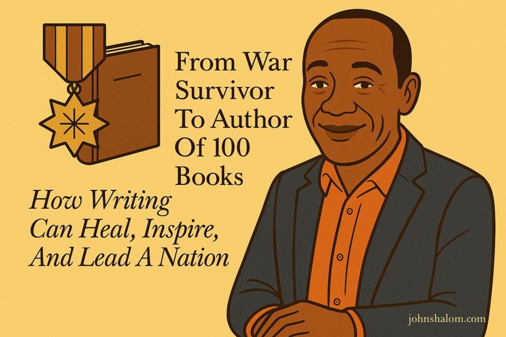 Author writing at a desk with candlelight and a South Sudanese flag in the background, symbolizing resilience, hope, and purpose.
