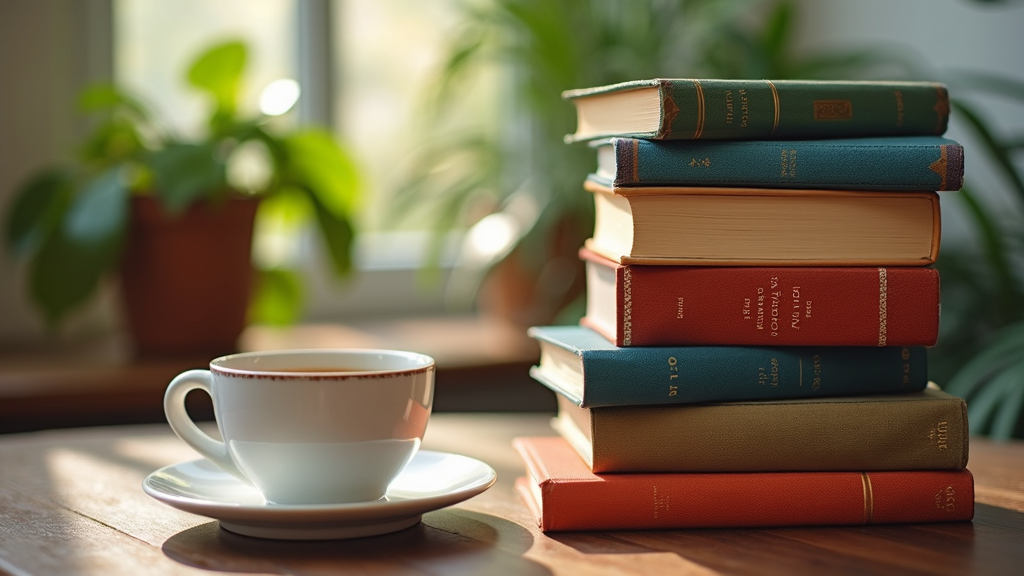 A colorful stack of new books on a wooden table with a warm cup of coffee beside them