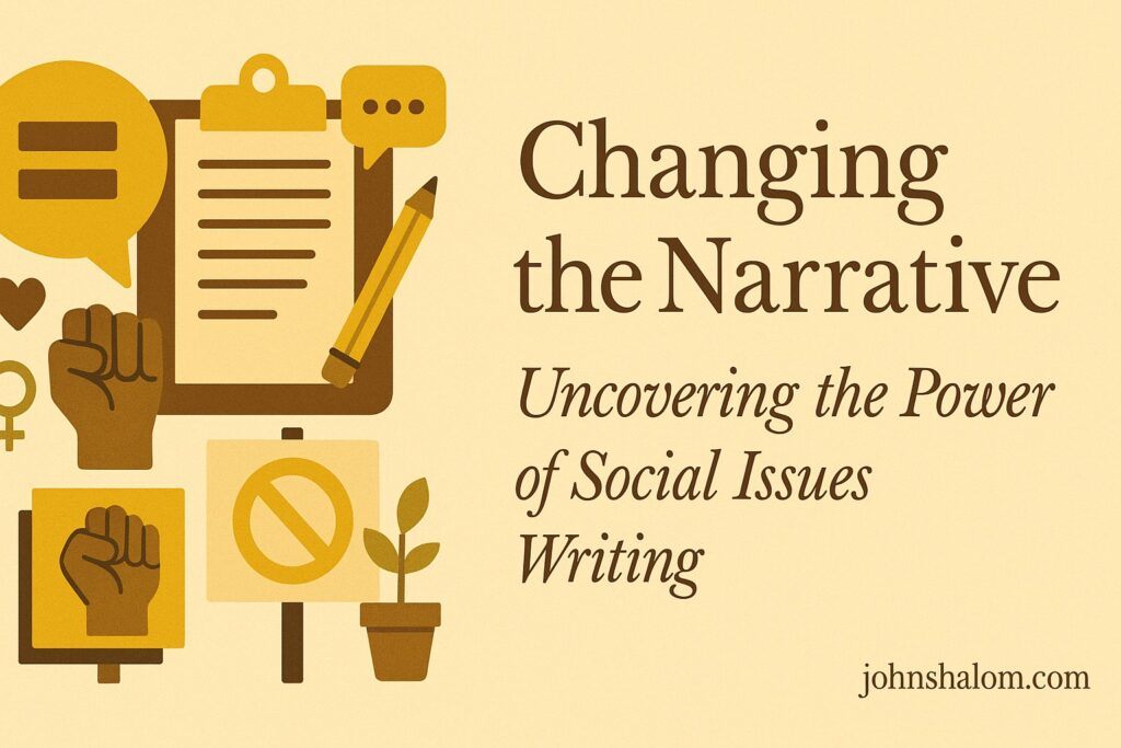 Writer crafting a story beside newspapers and a microphone, symbolizing truth, awareness, and social transformation.
