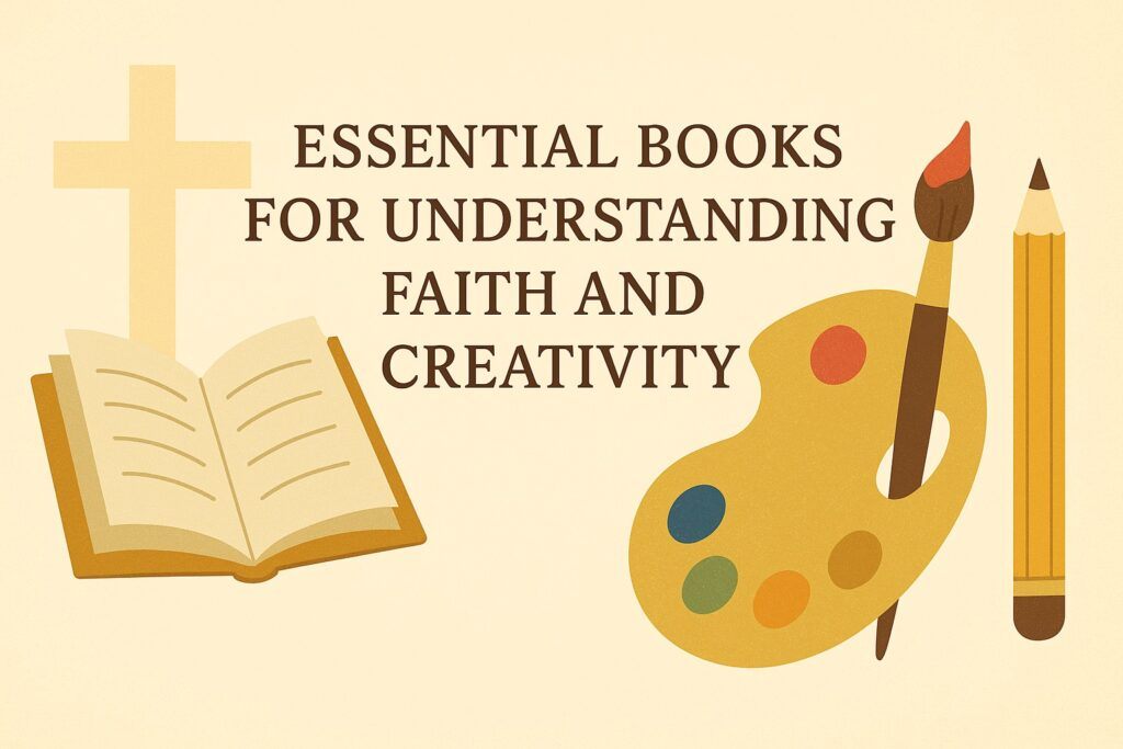 Open book with a paintbrush and cross beside it, symbolizing the harmony between faith and artistic expression.