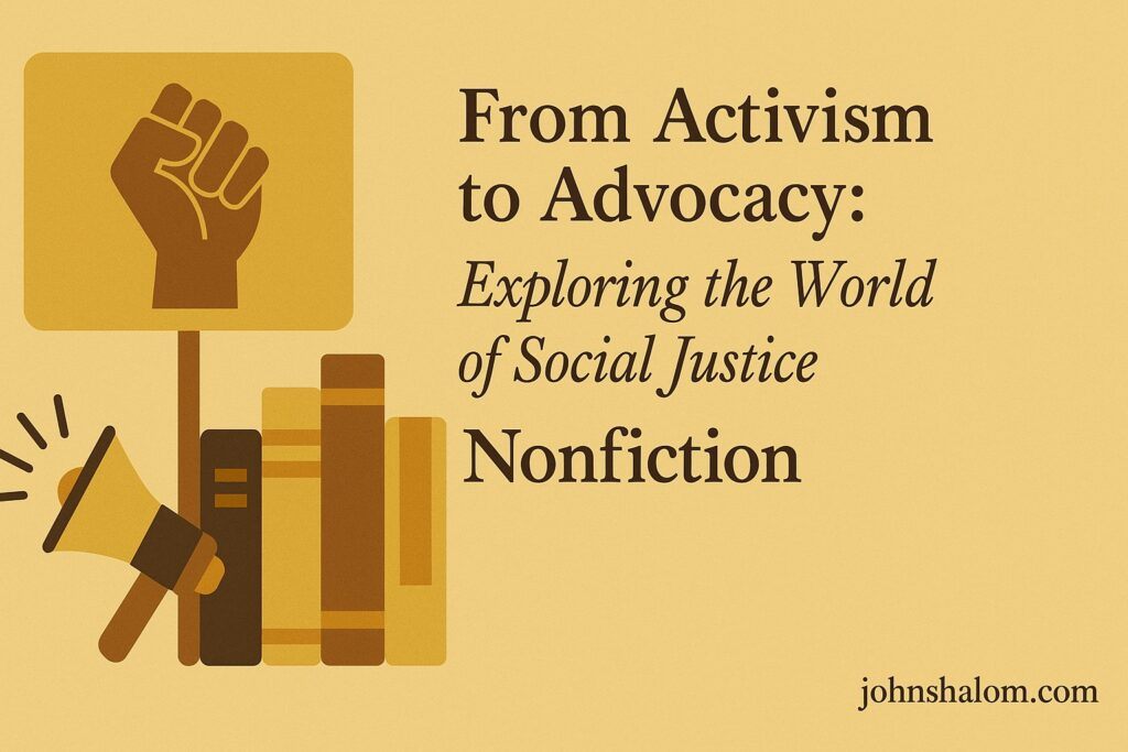 Open notebook beside protest signs and a megaphone, symbolizing activism, advocacy, and the power of words for justice.