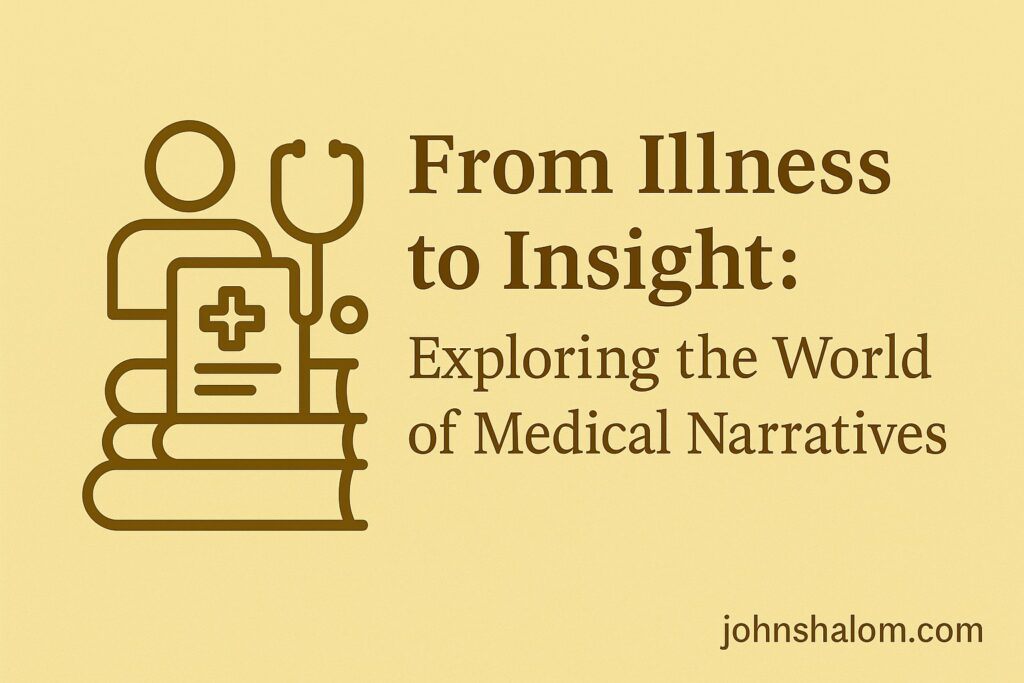 Doctor writing patient notes beside an open book and stethoscope, symbolizing healing through storytelling.