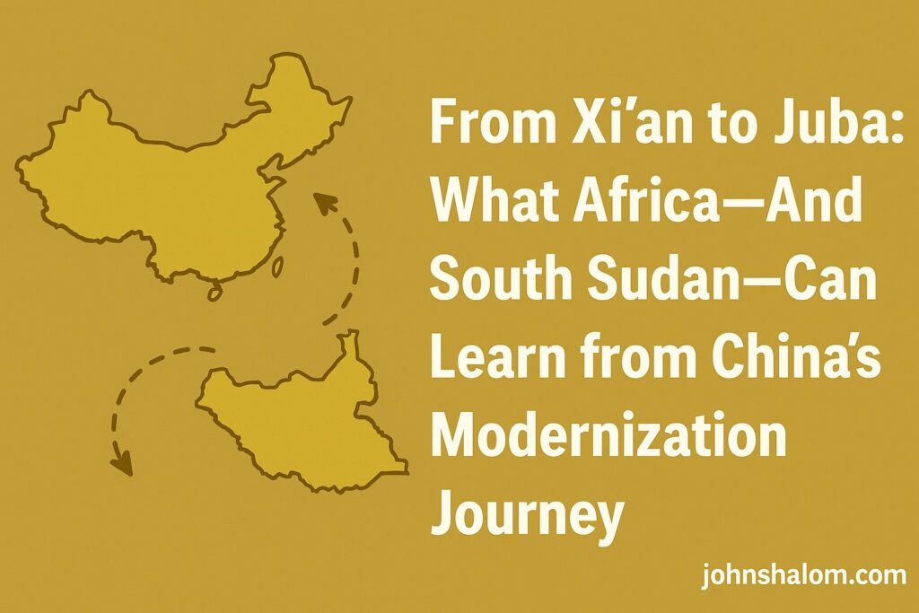 Chinese and South Sudanese flags waving together, symbolizing partnership, learning, and mutual development.