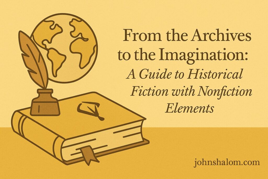 Writer surrounded by old letters, maps, and books, symbolizing the fusion of history and imagination in storytelling.