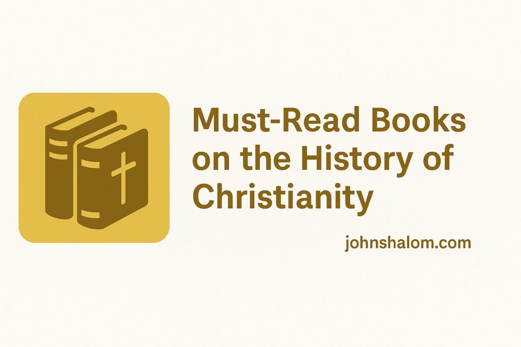 Stack of history and theology books beside an old church window, symbolizing faith, tradition, and learning.