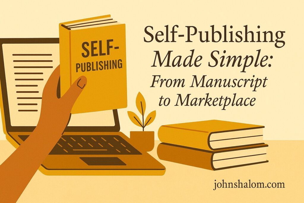Author using a laptop with printed book copies nearby, symbolizing creativity, independence, and publishing success.