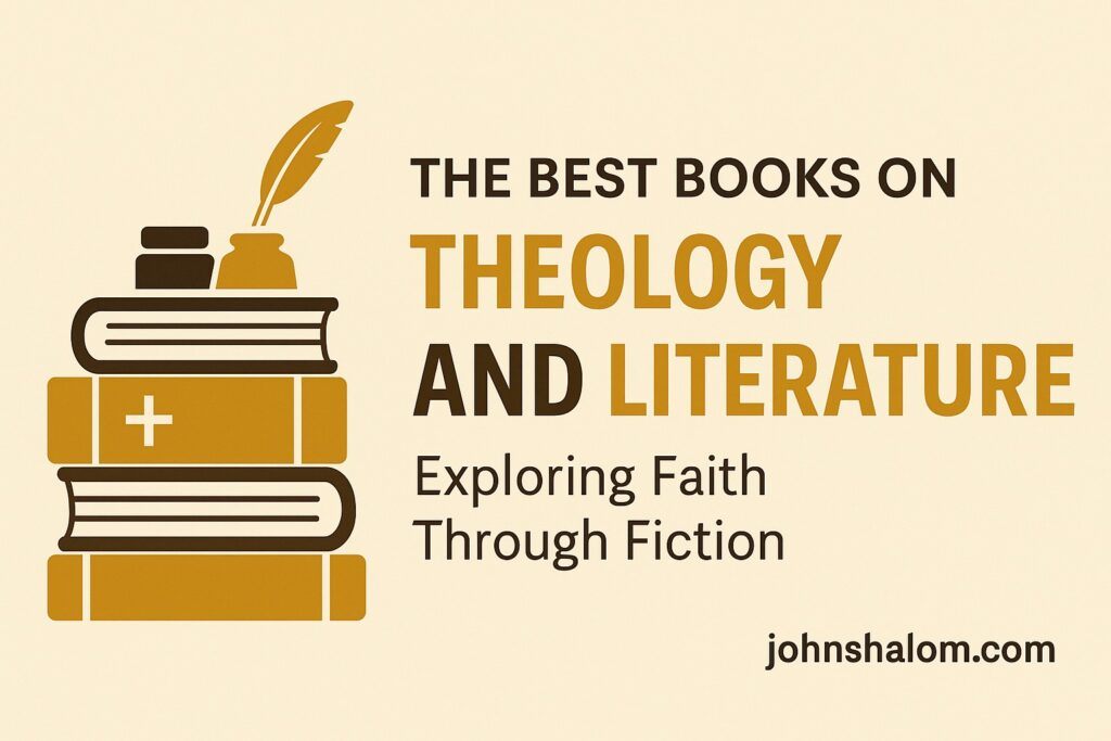 Open novel beside a Bible and reading glasses, symbolizing the intersection of faith, storytelling, and theology.