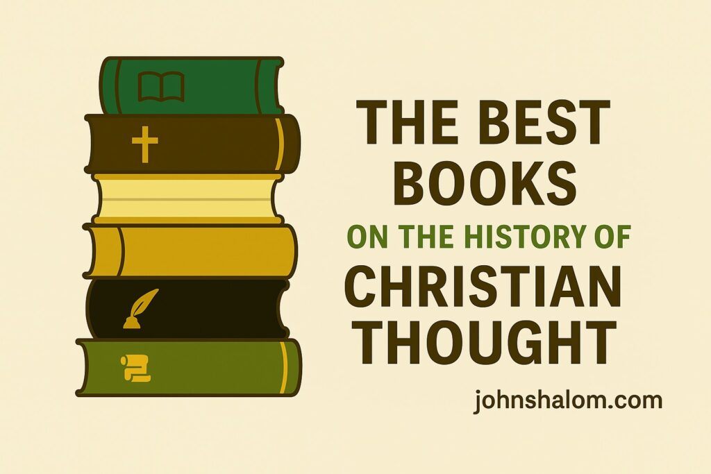 Stack of theology books beside a candle and cross, symbolizing faith, reflection, and the evolution of Christian ideas.